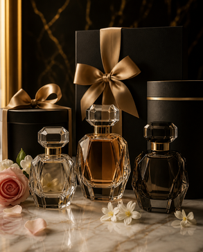 Luxury fragrance display with marble and gold