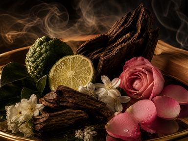 Oud, rose, jasmine, and citrus accords