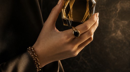 Elegant hand holding a fragrance bottle
