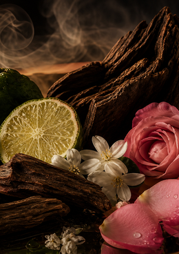 Flowers and woods for perfume composition