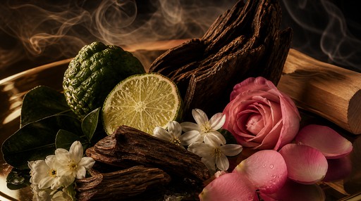 Precious perfume ingredients on mirrored glass