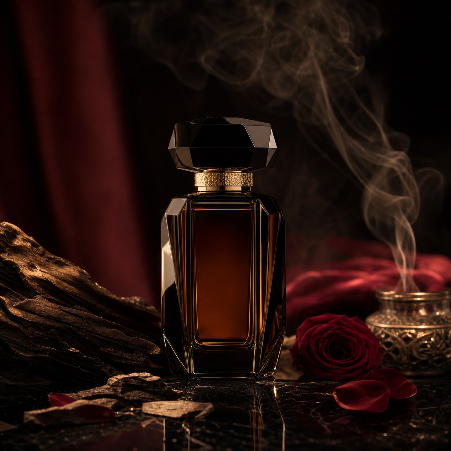 Oud fragrance with incense smoke
